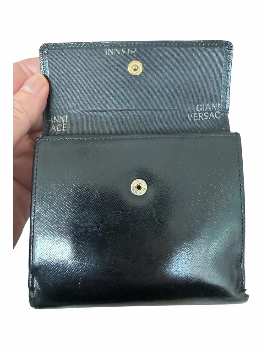 Vintage Gianni Versace Black Patent Leather Wallet with Gold Medusa Sun